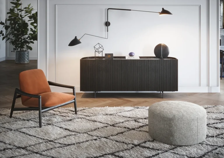 Novamobili Bay: dunkles Sideboard mit gerillten Fronten vor einer hellen Wand