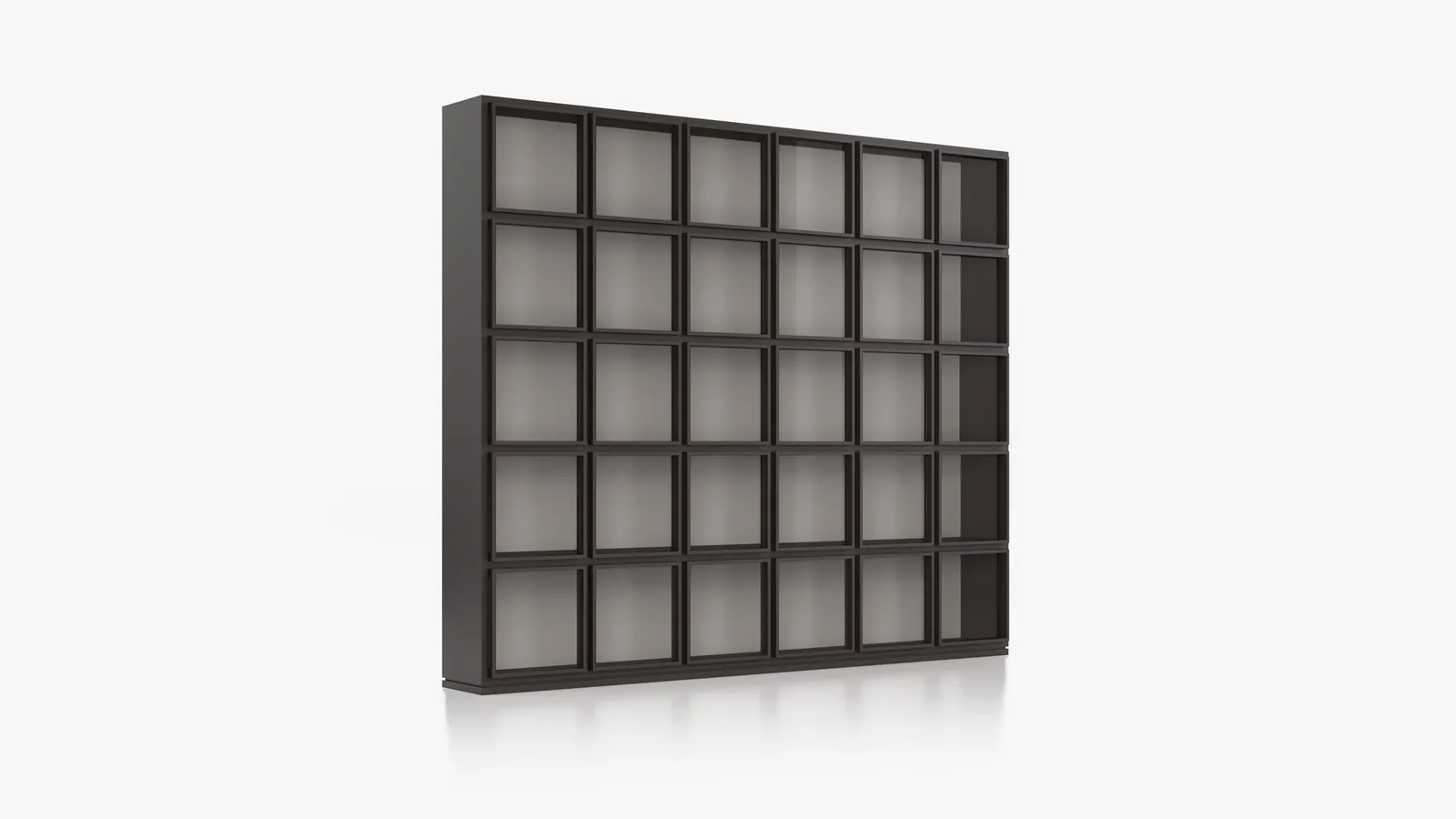 Freigestellte dunkle Concept-Vitrine mit regelmäßig angeordneten gerahmten Glastüren vor hellem Hintergrund.