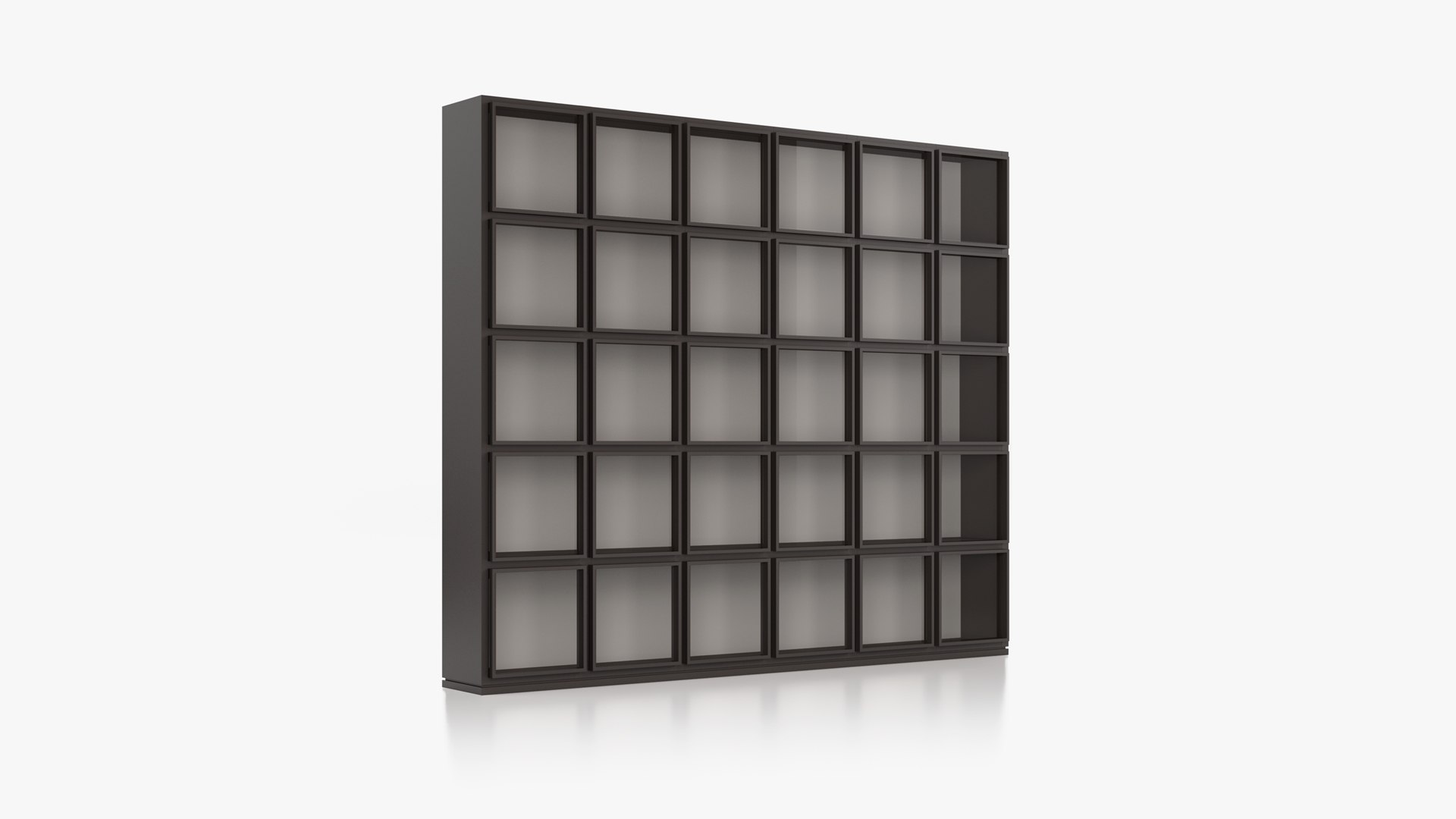 Freigestellte dunkle Concept-Vitrine mit regelmäßig angeordneten gerahmten Glastüren vor hellem Hintergrund.