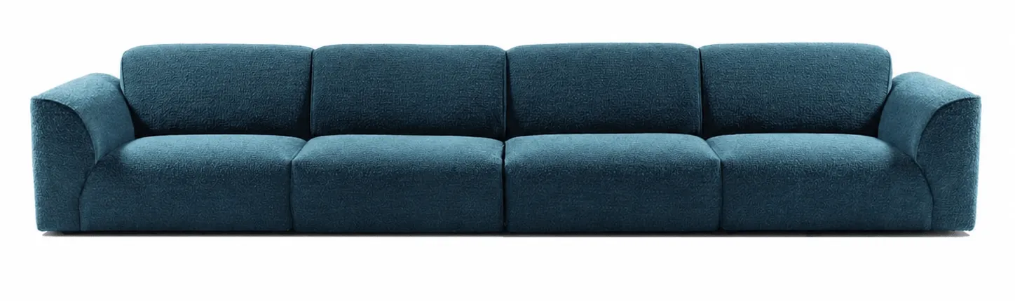 Casamilano Botero 24: langes Sofa mit blauem Stoffbezug und gerundeten Armlehnen in Frontansicht