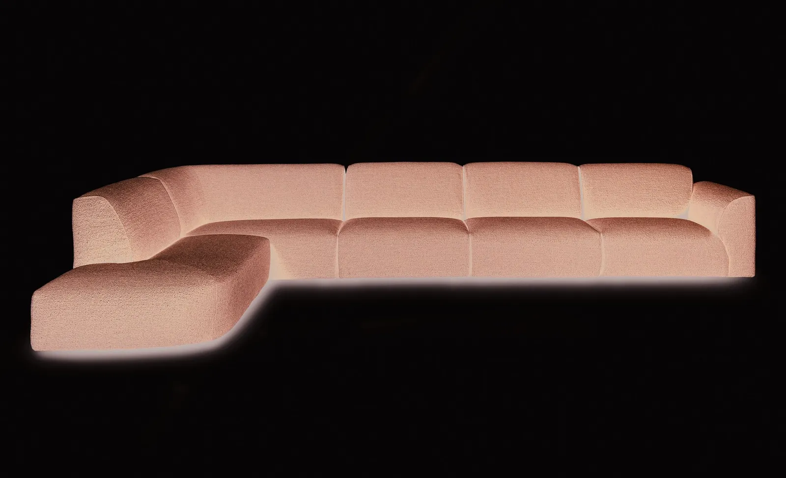 Casamilano Botero 24: Sofa mit rosafarbenem Bezug und links angeordneter Chaiselongue