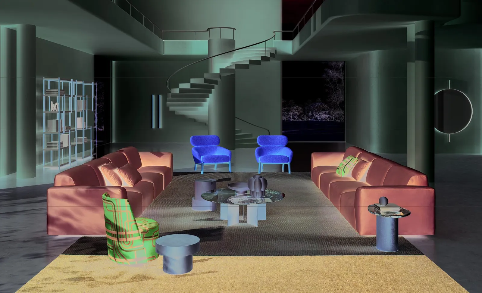 Casamilano Botero 24: zwei gegenüberstehende rosafarbene Sofas in einem Wohnraum mit Galerie