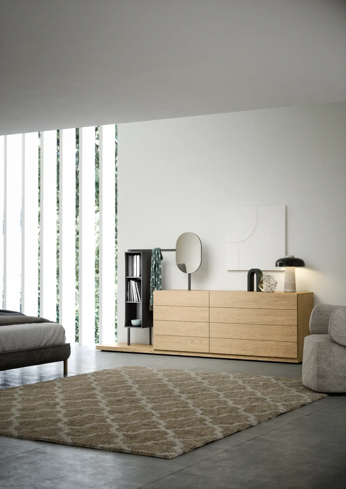 Novamobili Easy: breite Kommode in heller Holzoptik mit offenem Seitenregal im Schlafzimmer