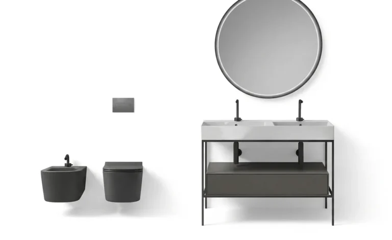 Meg11-Badkombination mit weißem Doppelwaschtisch auf schwarzem Gestell sowie dunklem Wand-WC und Bidet