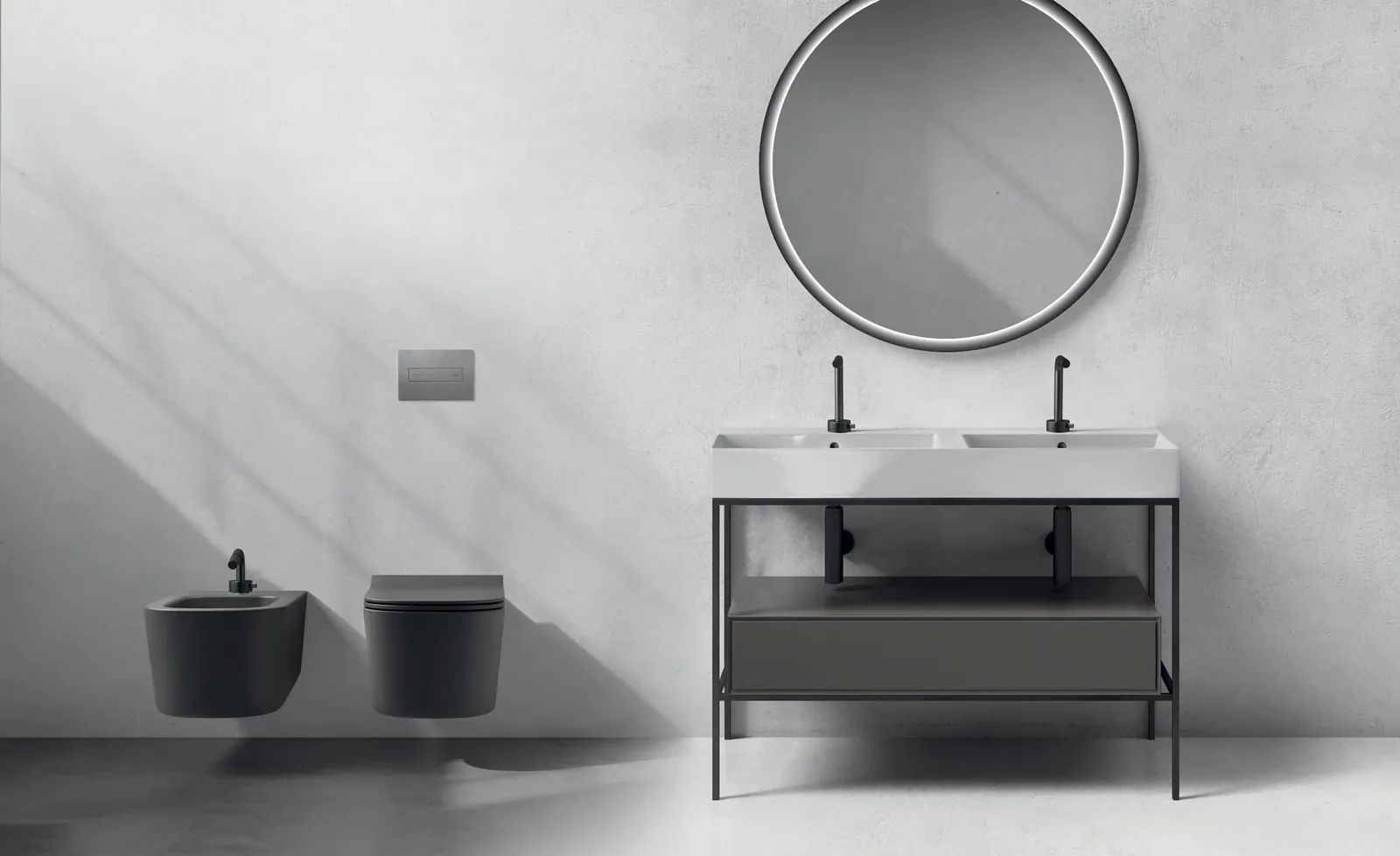 Meg11-Badezimmer mit Doppelwaschtisch, dunklem Schubkasten, Wand-WC und Bidet vor grauer Wand