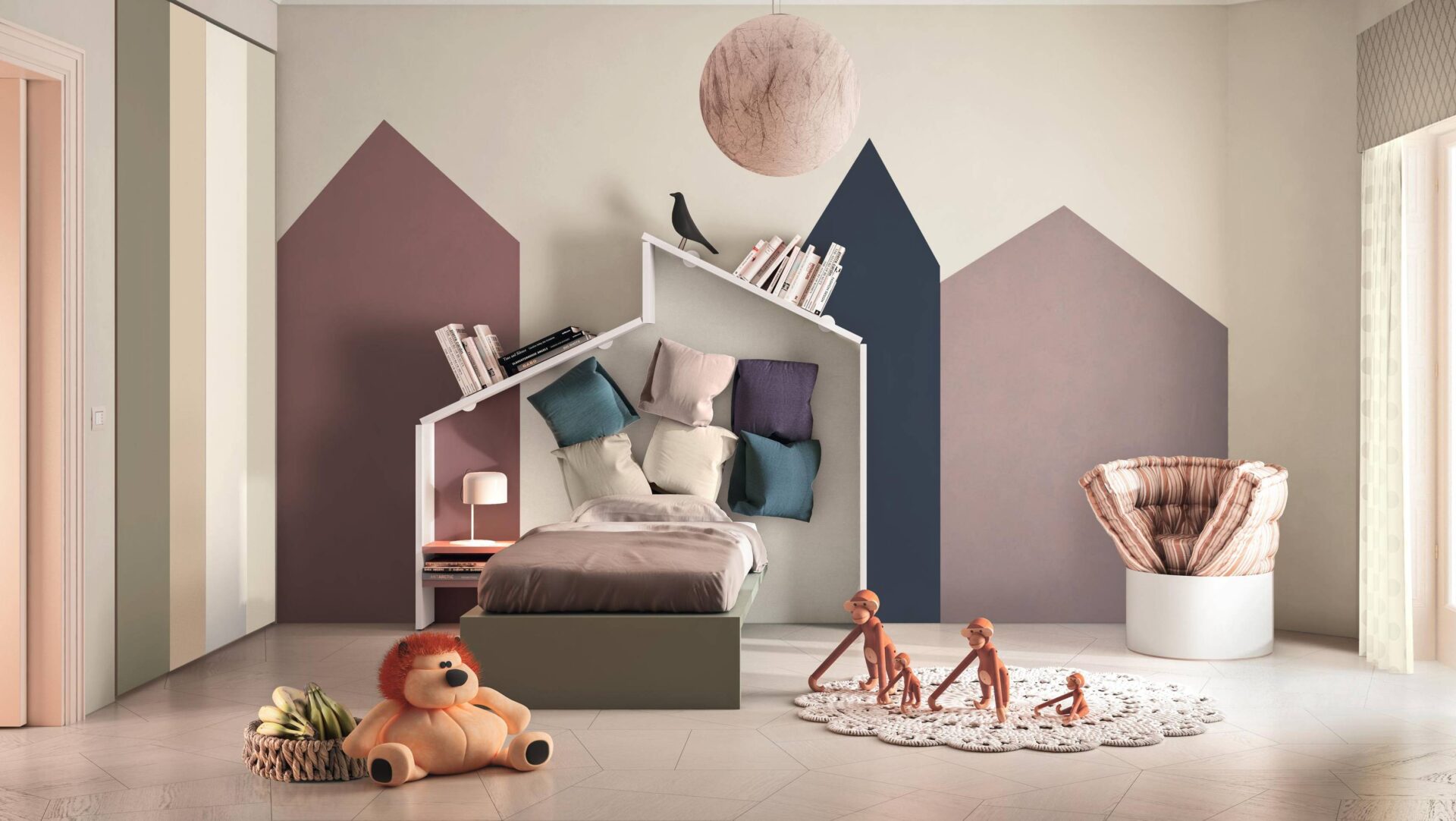 Kinderzimmer mit Hausbett, Schrank und Spielbereich von Lago