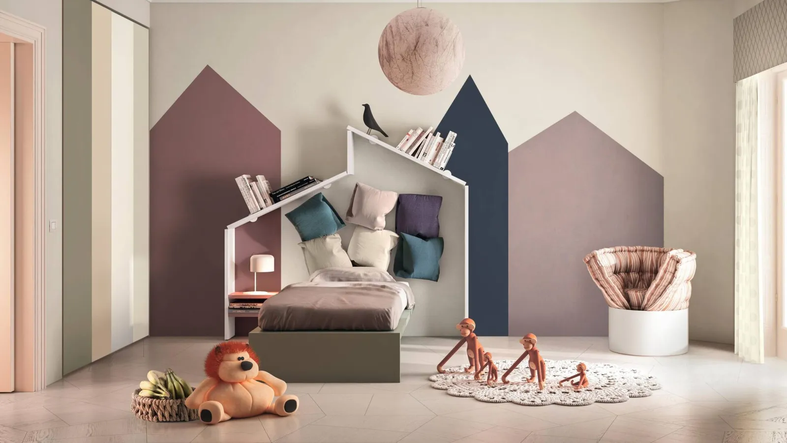 Kinderzimmer mit Hausbett, Schrank und Spielbereich von Lago