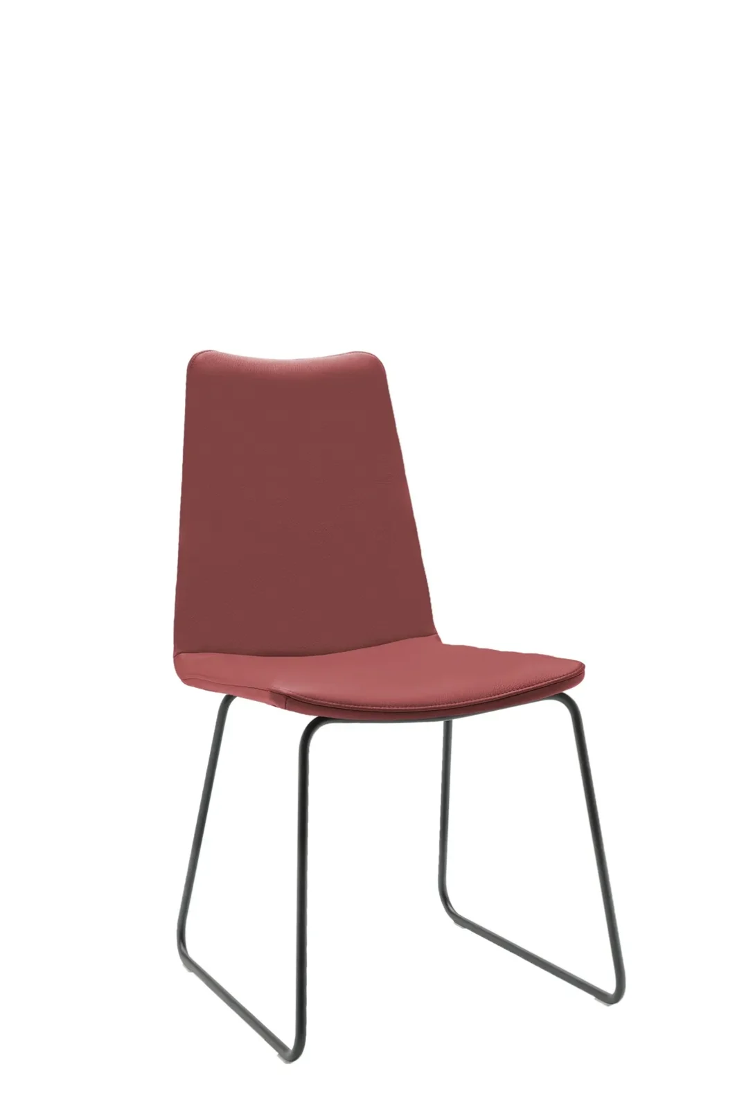 Sit Mobilia Luino Stuhl mit rötlichem Bezug, hoher Rückenlehne und schlankem dunklem Kufengestell.