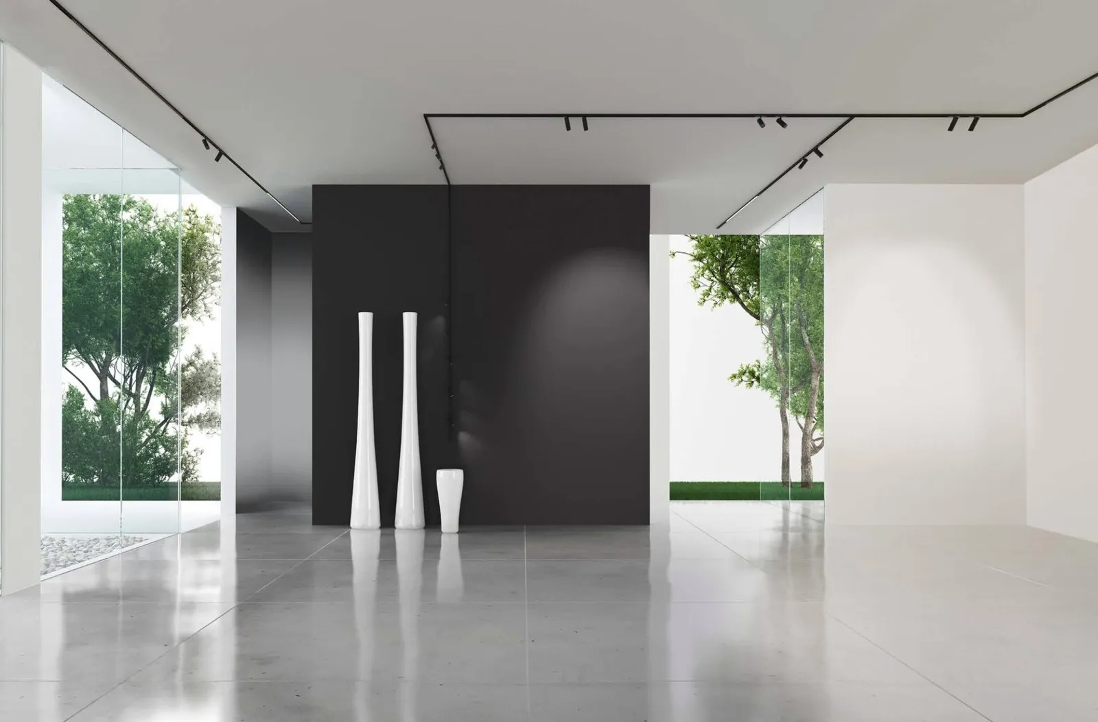 Molto Luce Magnetics: geometrisch verbundene Deckenschienen in einem hellen Raum mit hohen Glasfronten und weißen Vasen