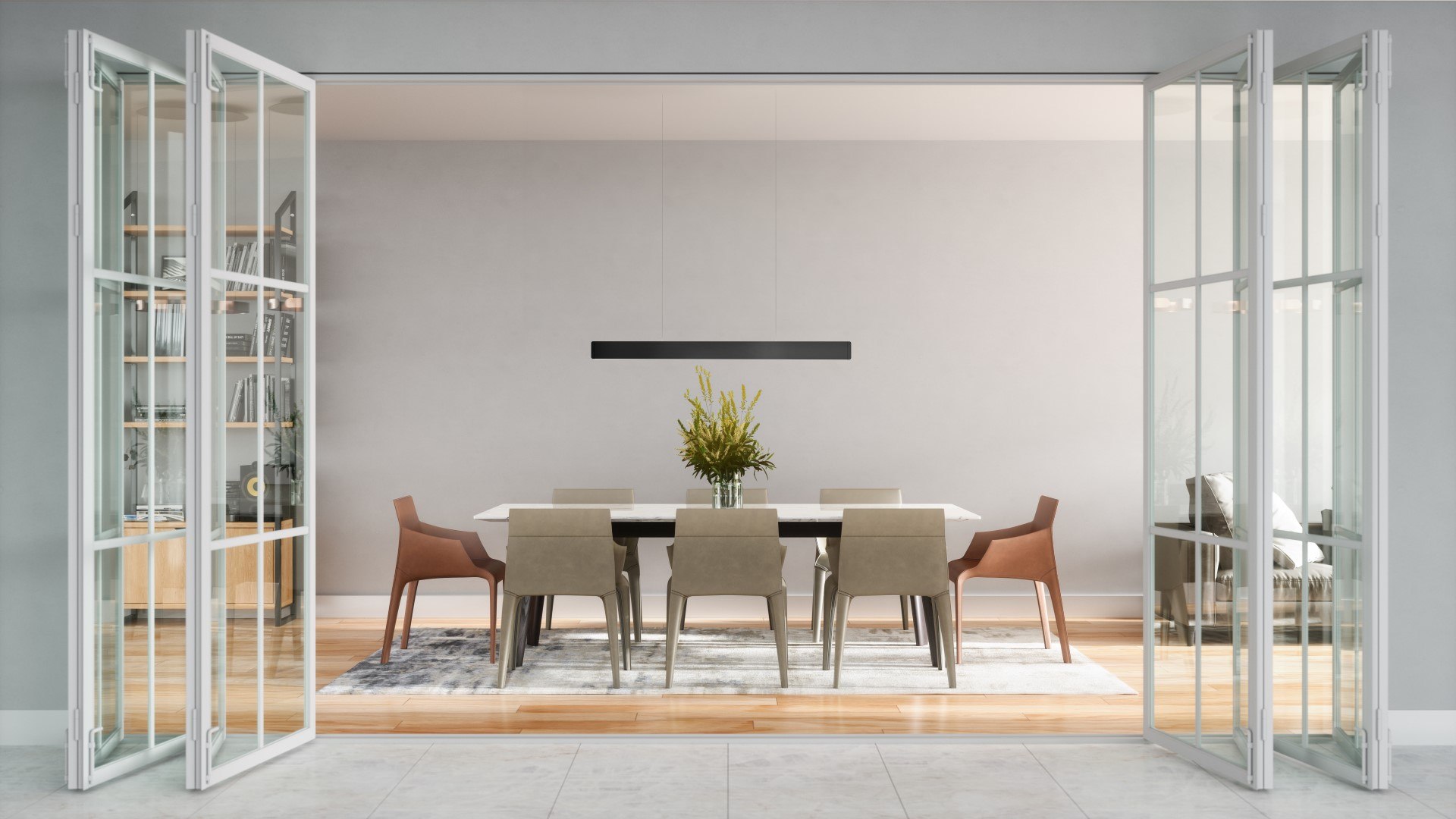 Molto Luce After8: schwarze lineare Pendelleuchte über einem Esstisch in einem hellen Raum mit geöffneten Glastüren