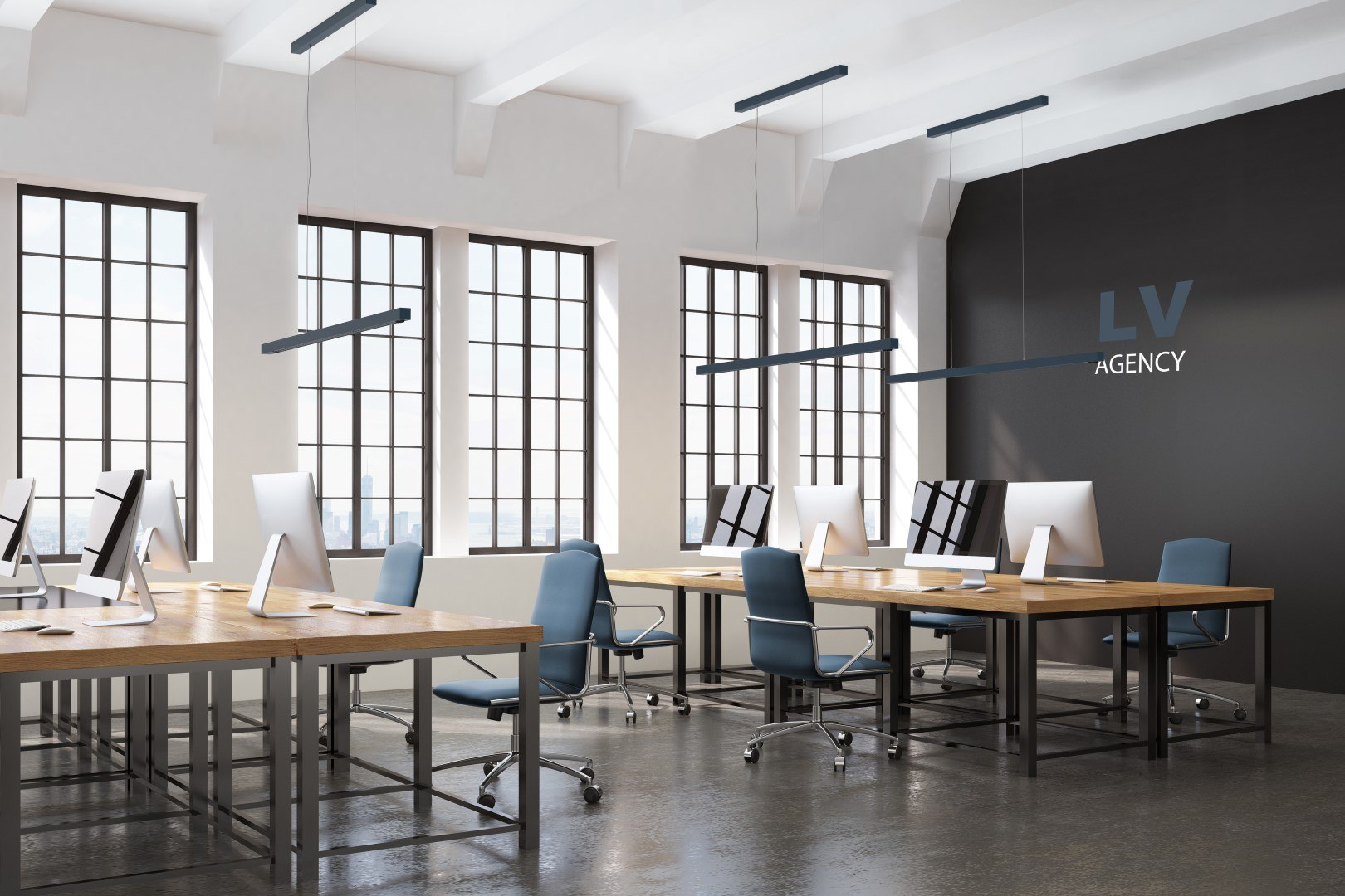 Molto Luce Lens: blaue lineare Pendelleuchten über Schreibtischen in einem Büro mit hohen Fenstern