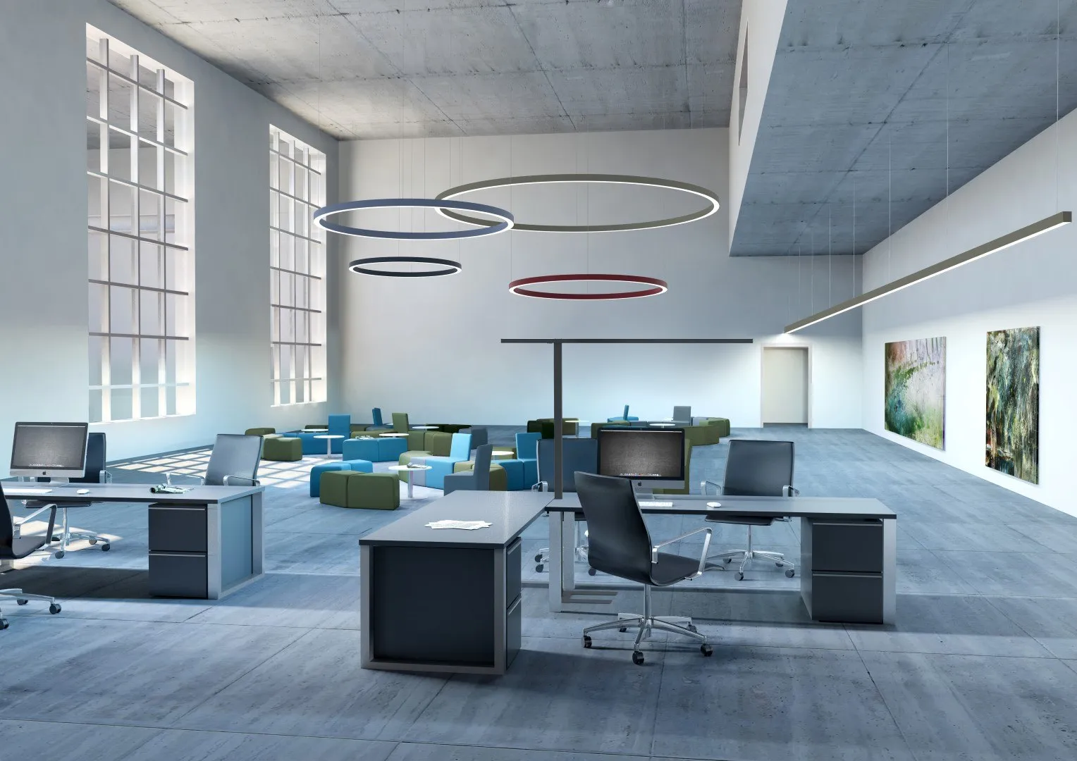 Molto Luce LOG 50: Ring- und Linienleuchten über Arbeitsplätzen und einer Sitzgruppe in einem offenen Büro