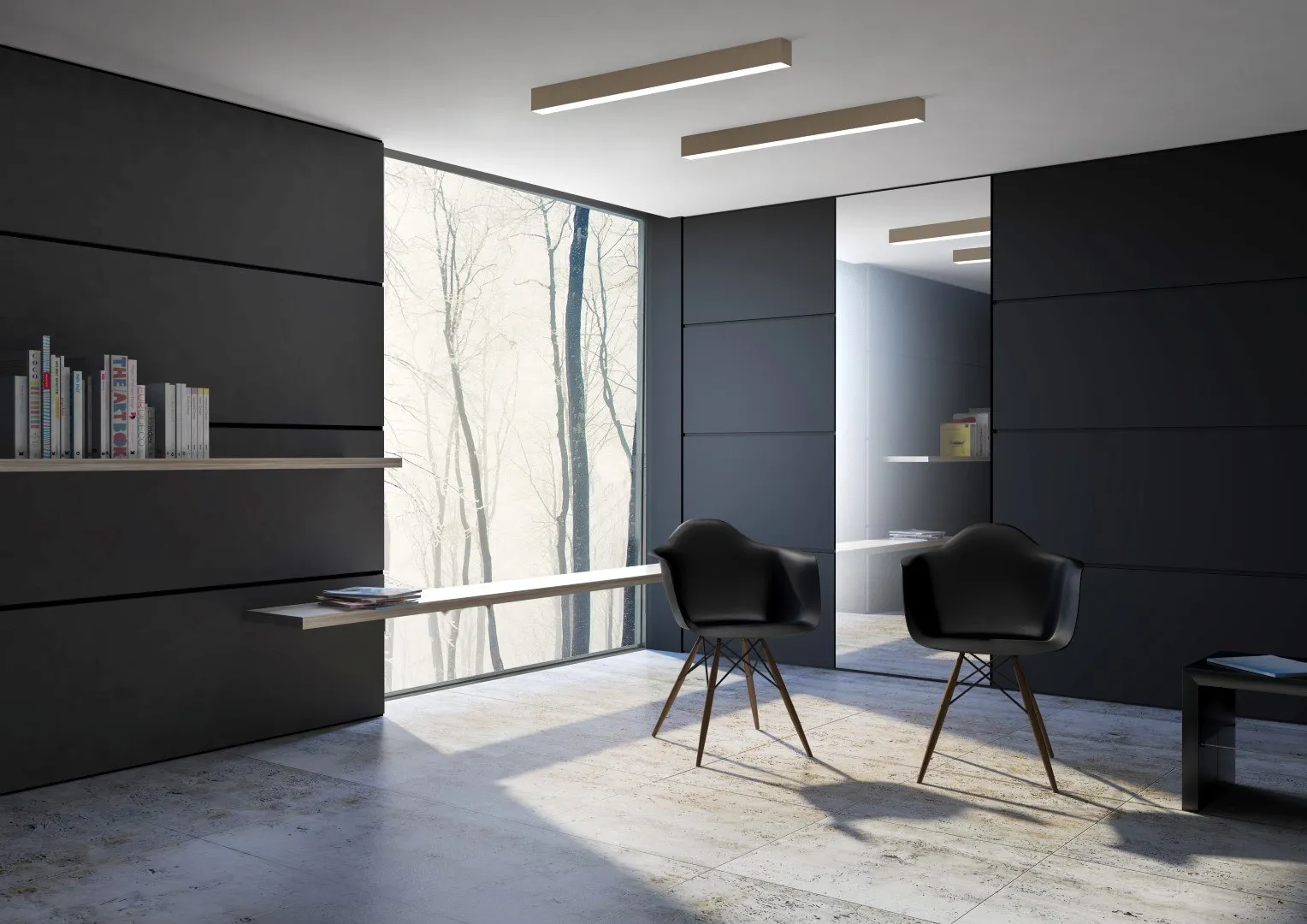 Molto Luce LOG 50: lineare Deckenleuchten über einem Sitzbereich mit schwarzen Sesseln vor einer dunklen Wand