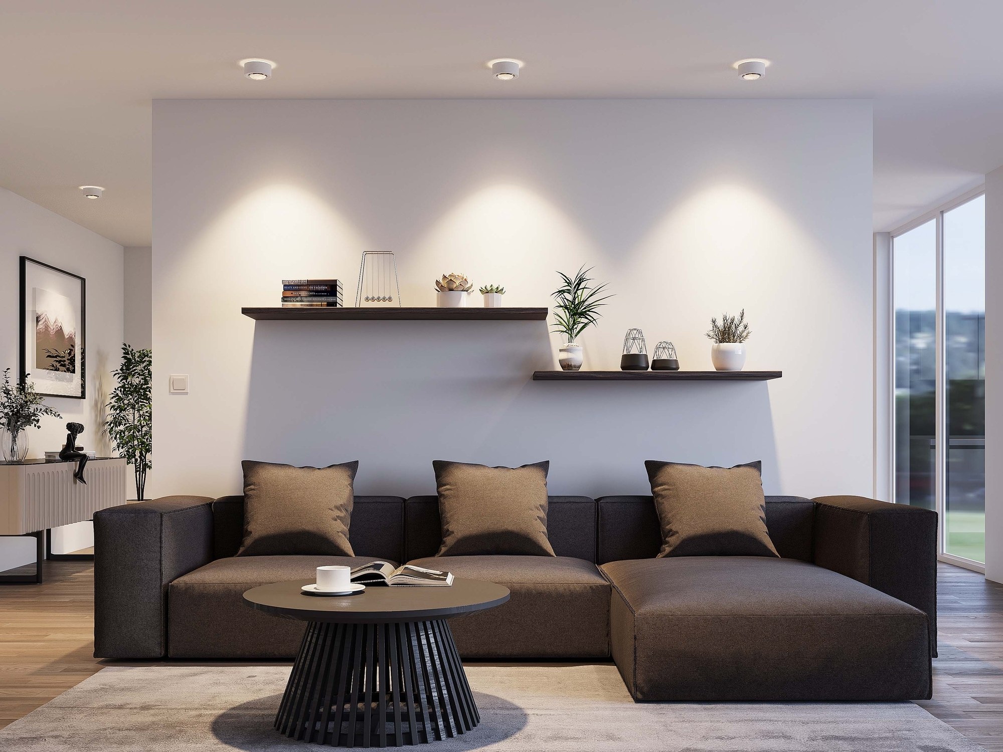 Molto Luce Mag: kleine Deckenleuchten mit Lichtkegeln über einem Sofa und Wandregalen