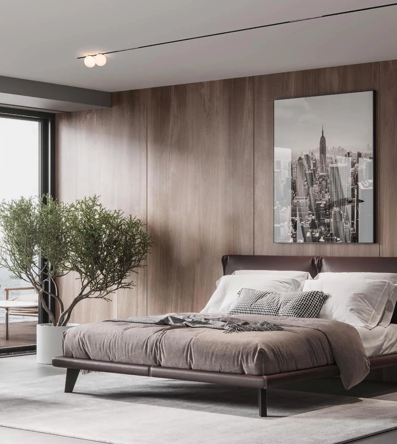 Molto Luce Magnetics: zwei Kugelleuchten an einer schmalen Deckenschiene über einem Bett mit Holzrückwand