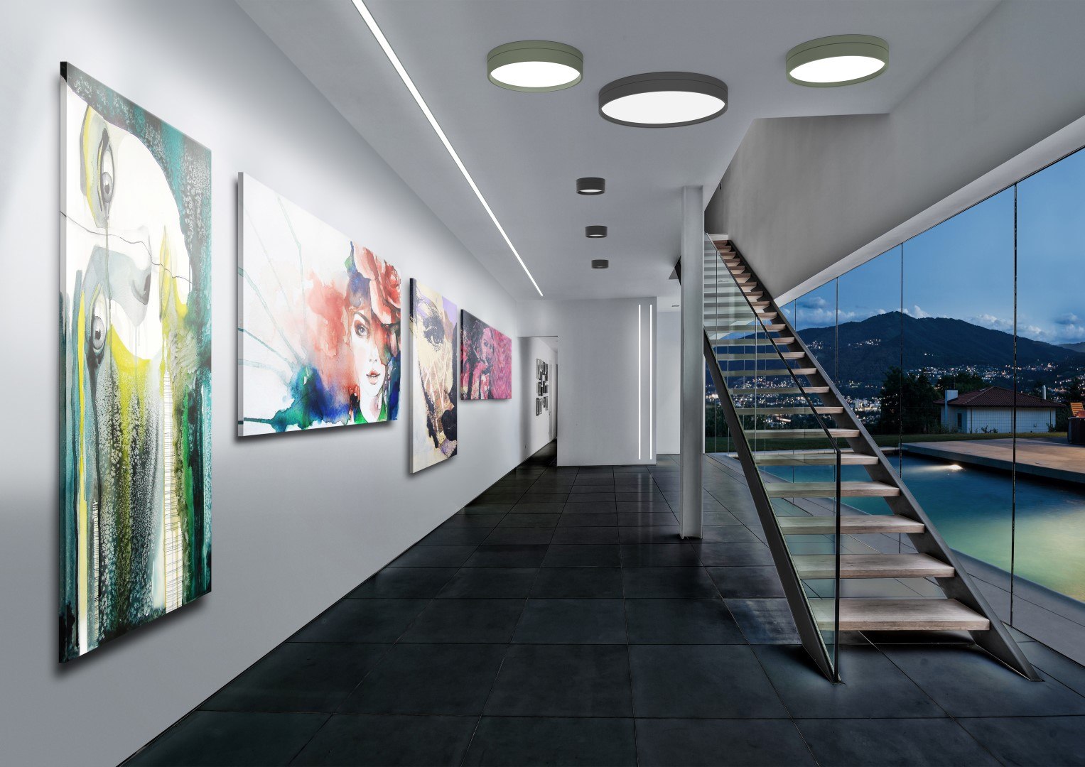 Molto Luce Turn On: runde Deckenleuchten in Grün und Anthrazit in einem Flur mit Bildern und offener Treppe