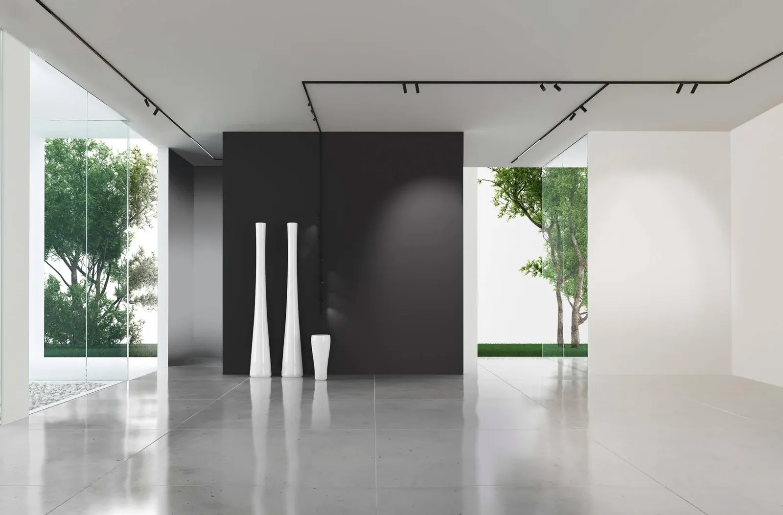 Molto Luce Magnetics: geometrisch verbundene Deckenschienen in einem hellen Raum mit hohen Glasfronten und weißen Vasen