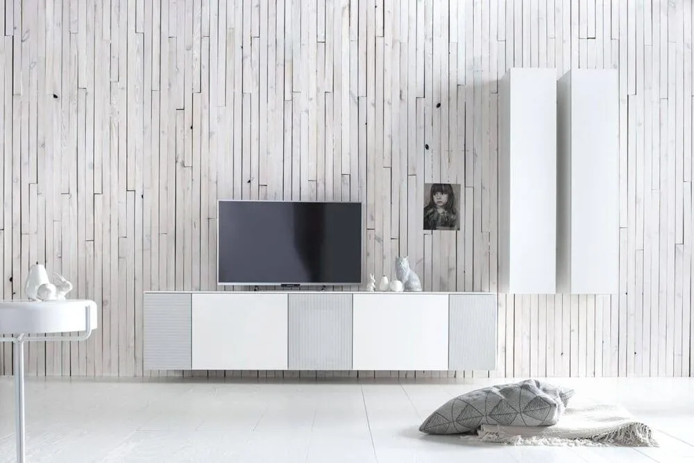 Sudbrock Cubo Medienmöbel mit Fernseher, niedrigem Schrankelement und hohen Stauraumelementen