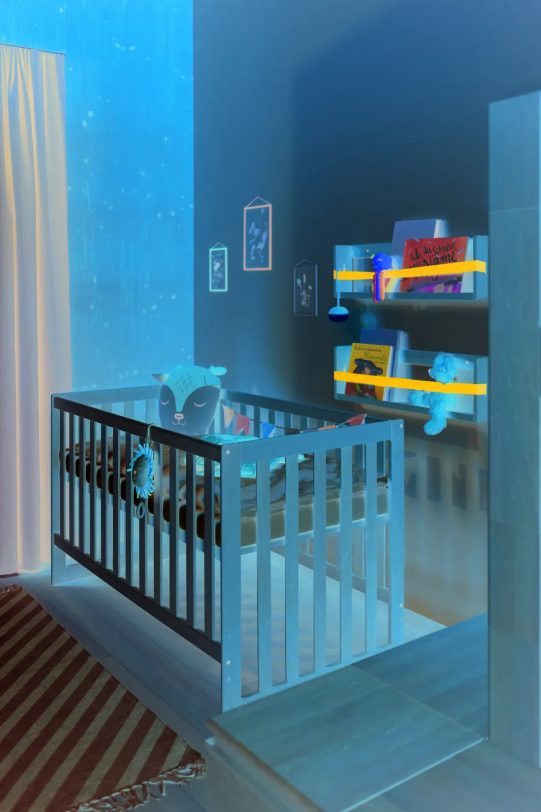 TEAM 7 kids Gitterbett im eingerichteten Kinderzimmer mit zwei Dekoborden an der Wand