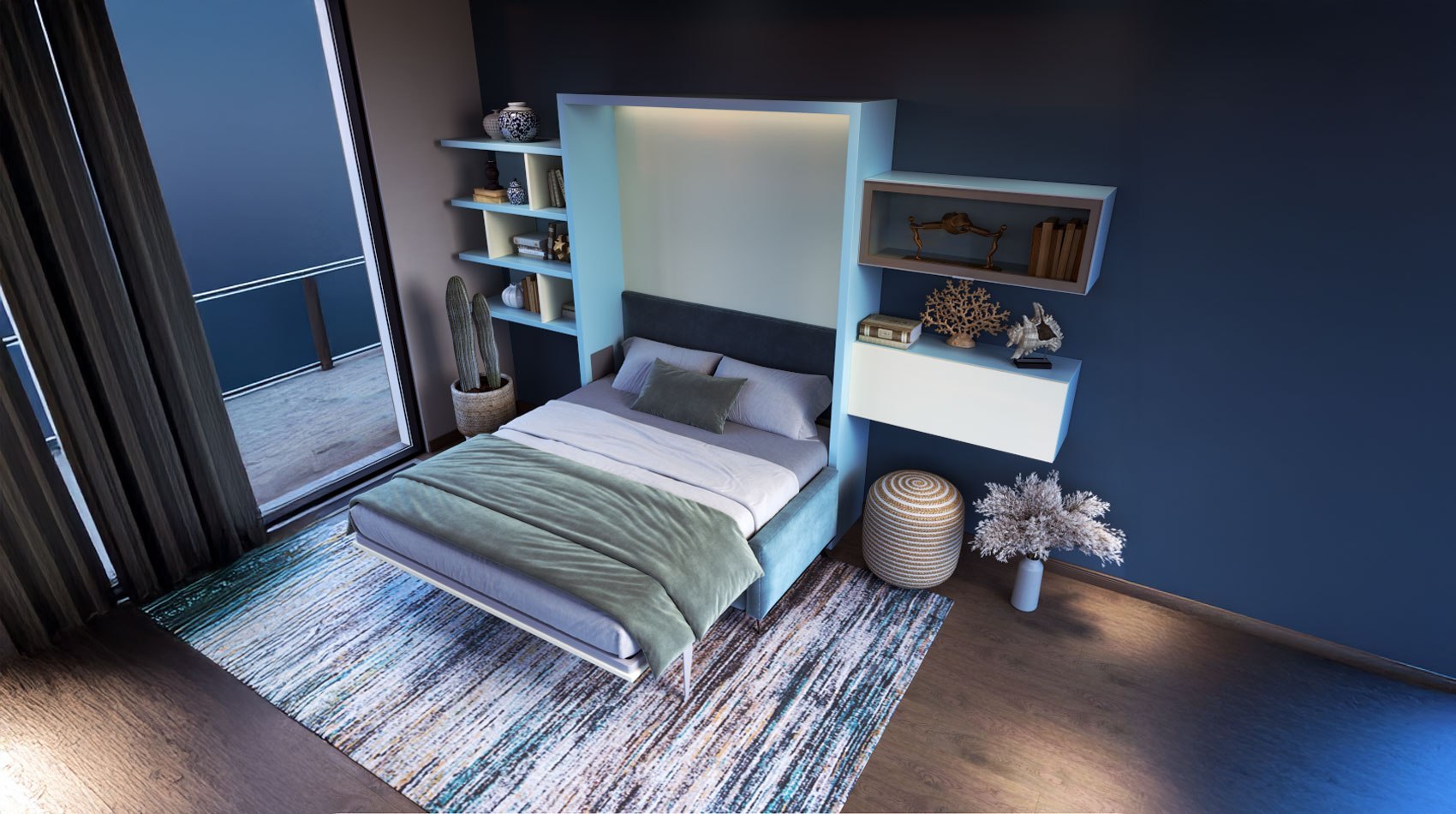 Wallbed Italia City Comfort mit geöffnetem Doppelbett vor der Wohnwand in der Nachtansicht