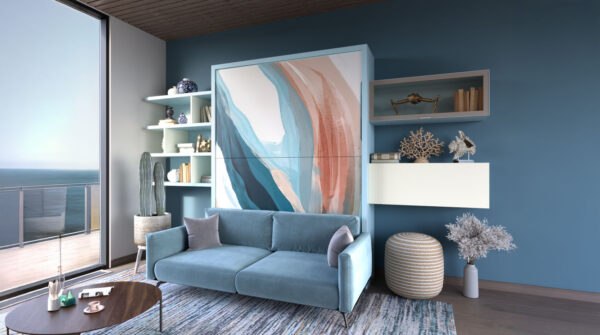 Wallbed Italia City Comfort mit geschlossenem Schrankbett und blauem Dream-Sofa in der Tagansicht