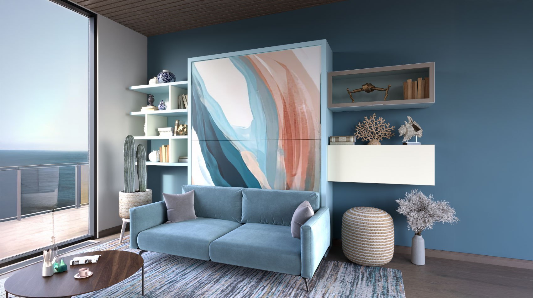 Wallbed Italia City Comfort mit geschlossenem Schrankbett und blauem Dream-Sofa in der Tagansicht